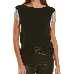 TRINA TURK Alinda Top Sz L Black w rhinestone sleeves blouse shirt